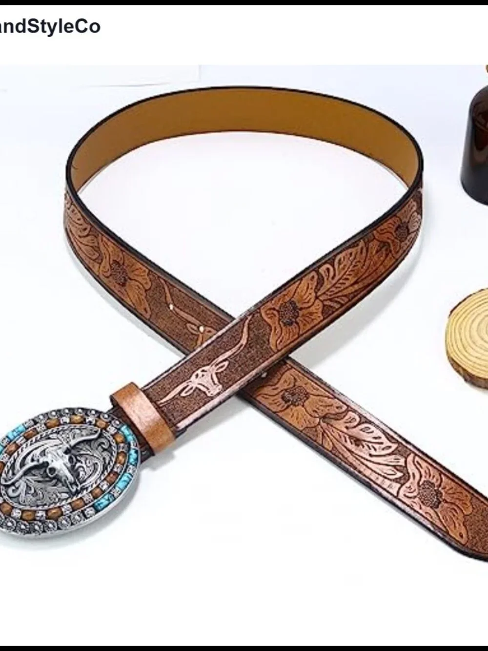 Western Cowgirl Leather Belt for Women Turquoise Oval Buckle Embossed Belt